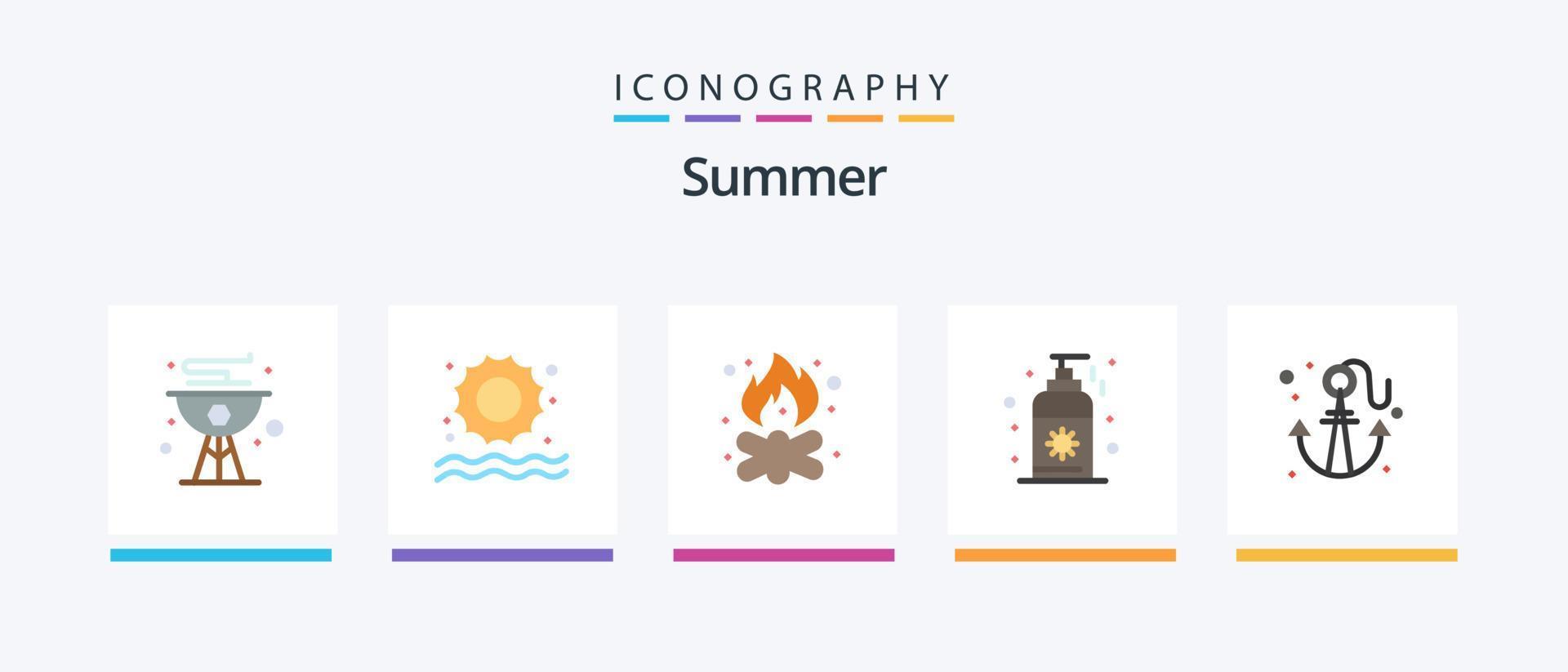 estate piatto 5 icona imballare Compreso spiaggia. crema solare. spiaggia. crema solare. fuoco. creativo icone design vettore