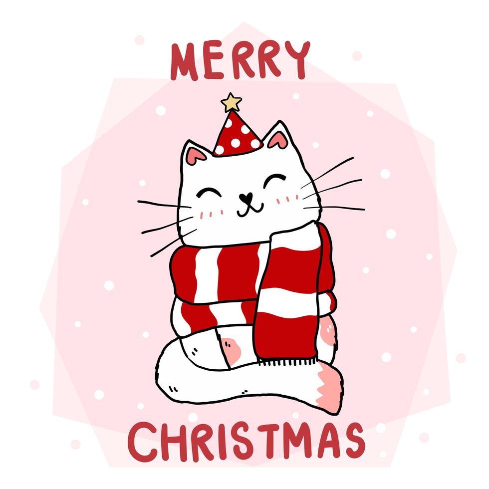 gatto simpatico cartone animato in una sciarpa rossa e cappello da Babbo Natale invernale vettore