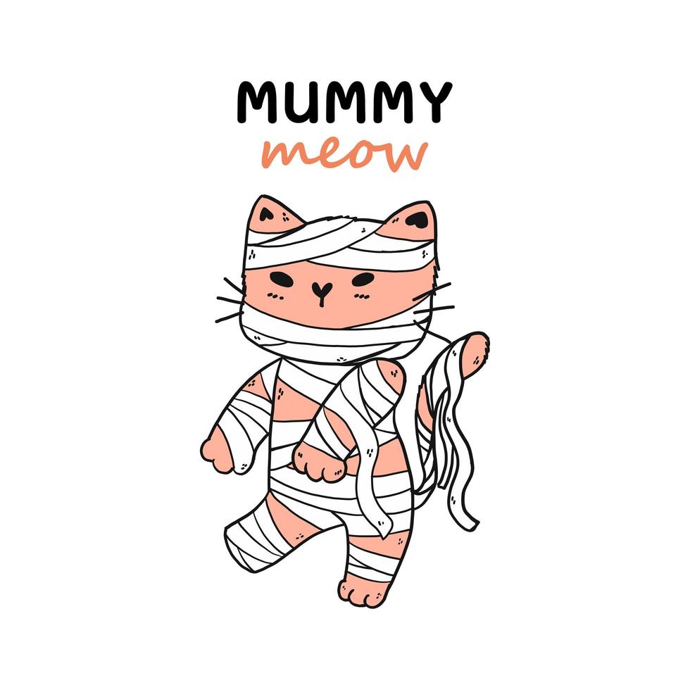 simpatico gatto in costume da mummia per la celebrazione di Halloween vettore