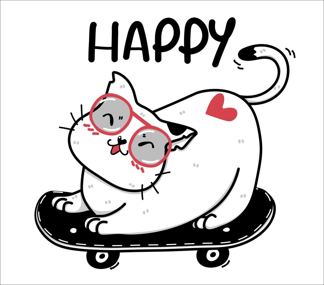 simpatico gatto bianco felice su uno skateboard vettore