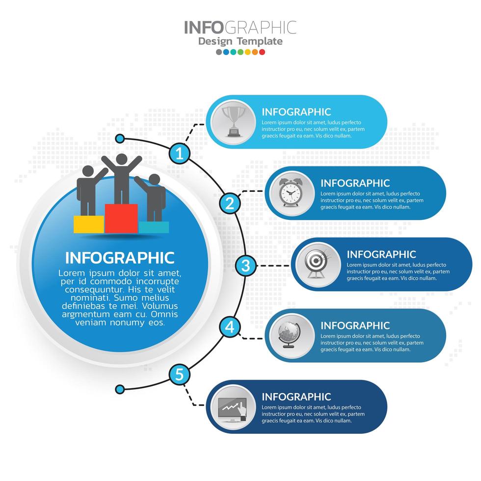 elementi di business infografica con 5 sezioni o passaggi tema blu vettore