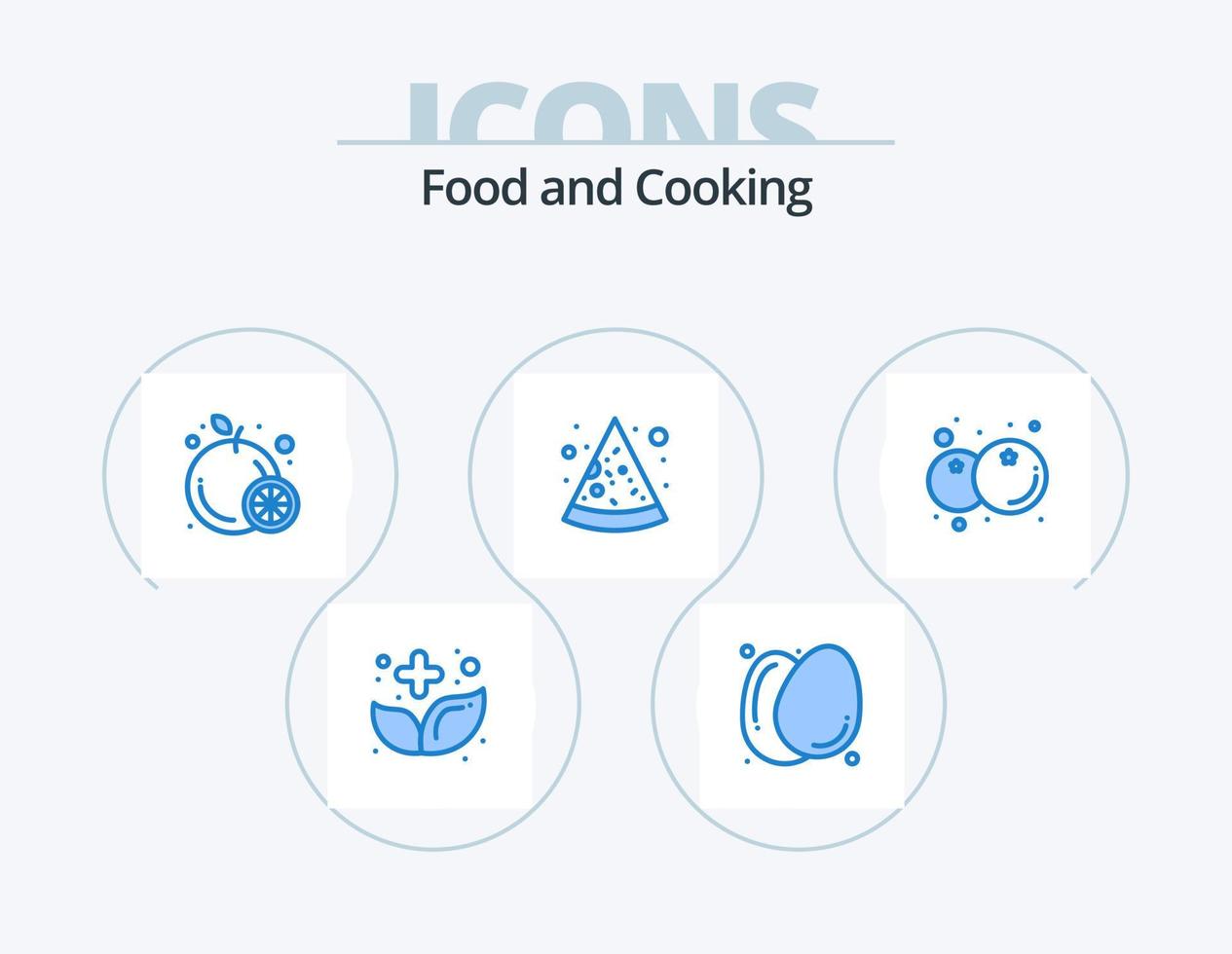 cibo blu icona imballare 5 icona design. frutta. mirtillo. salutare cibo. Pizza. veloce cibo vettore