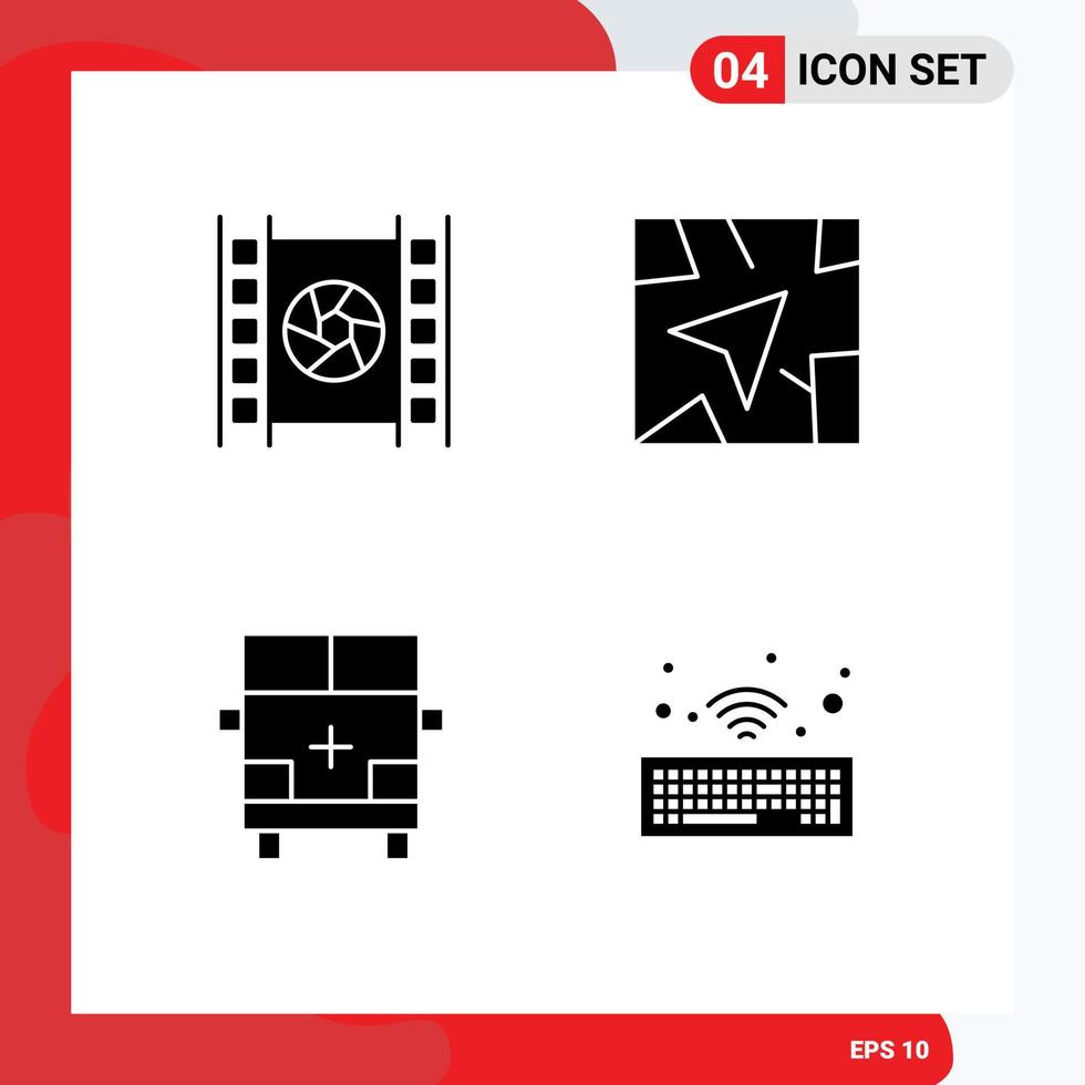 universale icona simboli gruppo di 4 moderno solido glifi di film schema multimedia itinerario veicoli modificabile vettore design elementi