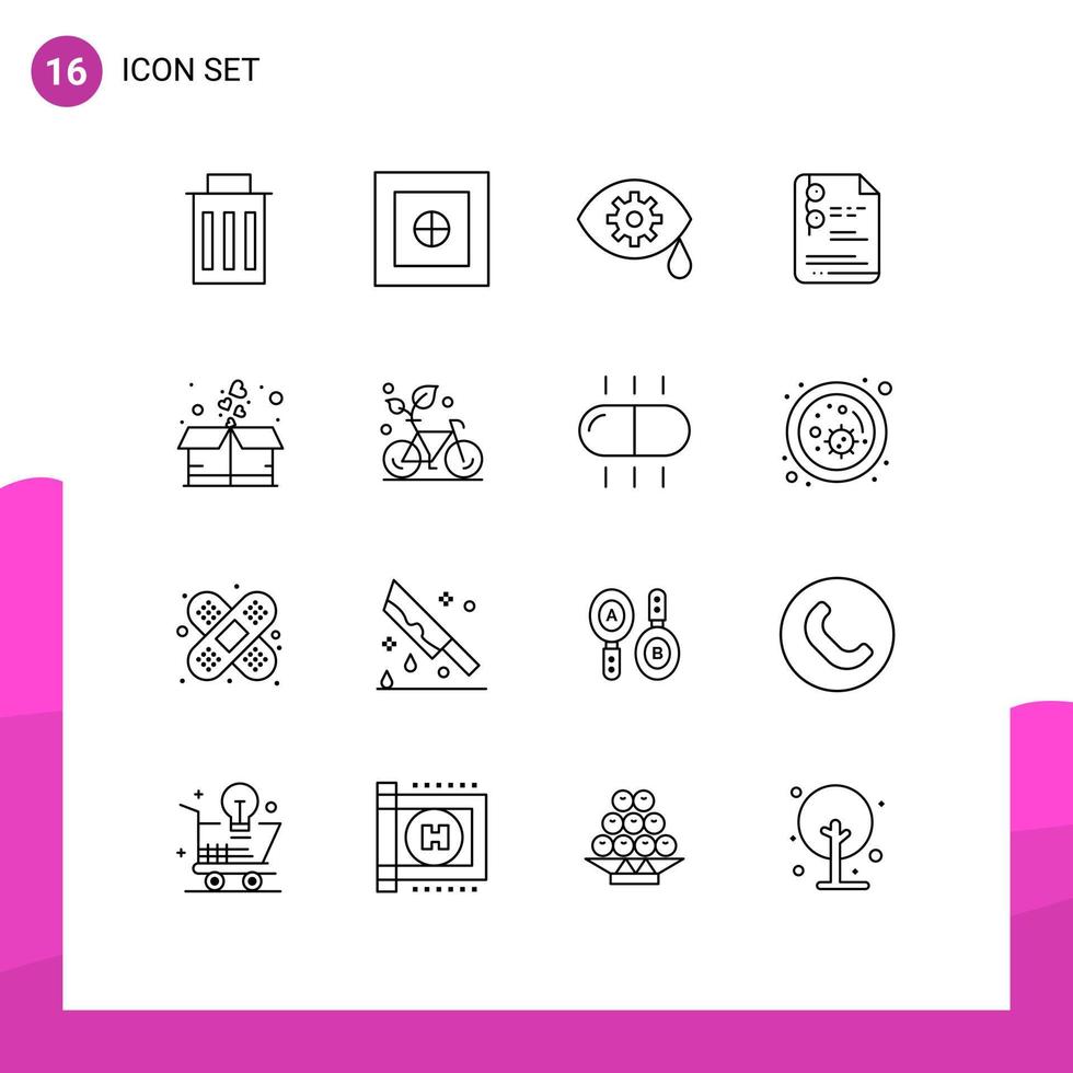universale icona simboli gruppo di 16 moderno lineamenti di pacchetto regalo occhio scatola scuola modificabile vettore design elementi