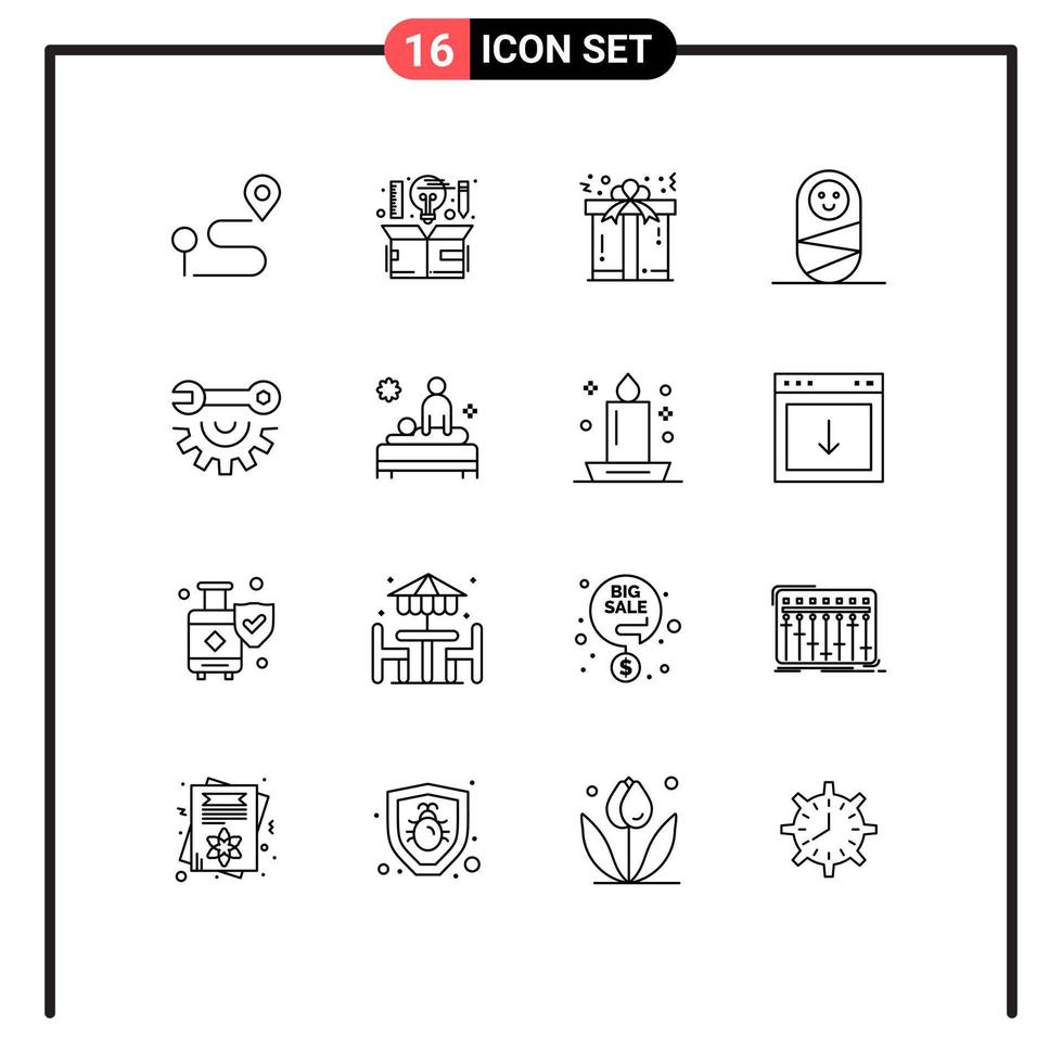 16 creativo icone moderno segni e simboli di mano utensili chiave inglese ruota pensiero umano amore modificabile vettore design elementi