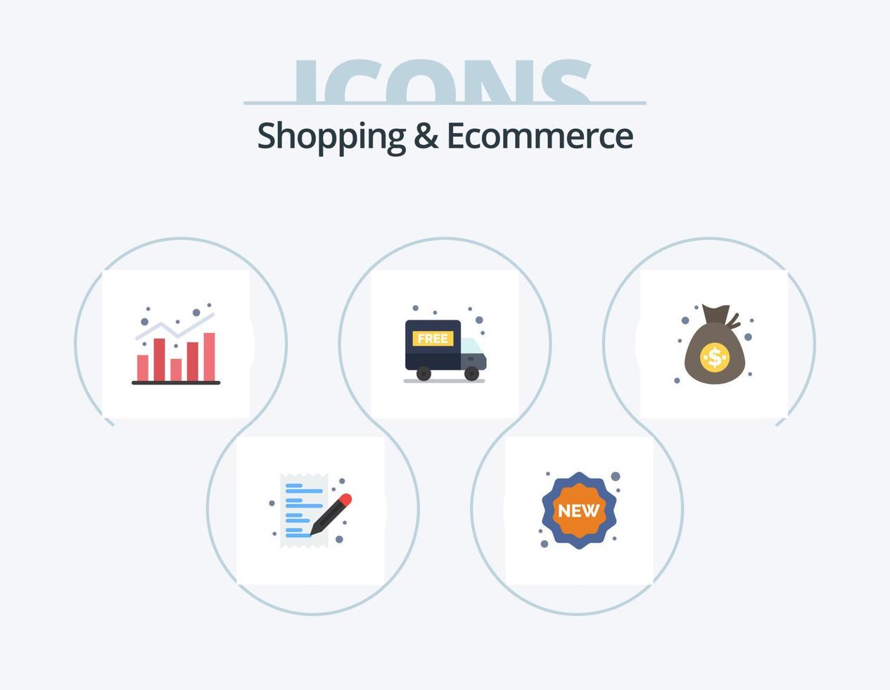 shopping e e-commerce piatto icona imballare 5 icona design. moneta. pacchetto gratuito. analitica. consegna furgone. statistica vettore