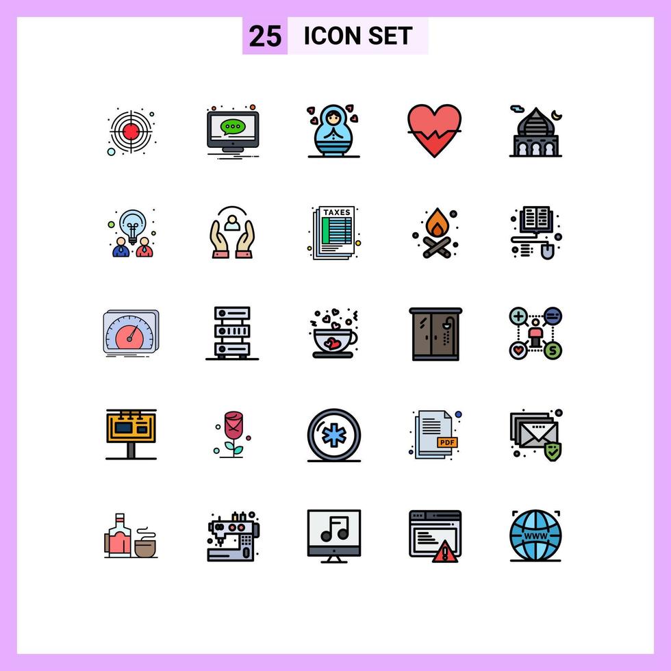 25 pieno linea piatto colore concetto per siti web mobile e applicazioni Masjid pelle schermo battere cuore modificabile vettore design elementi