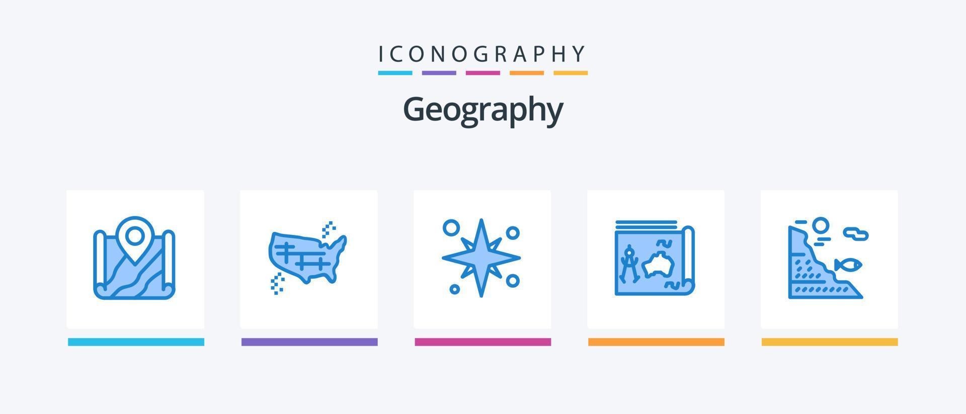 geo grafia blu 5 icona imballare Compreso guida. carta geografica. stati. vacanza. mare. creativo icone design vettore