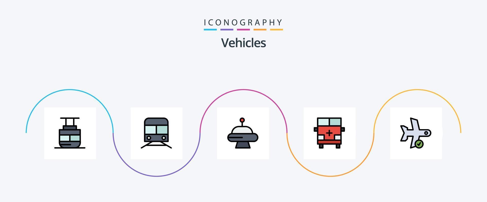 veicoli linea pieno piatto 5 icona imballare Compreso dai un'occhiata. trasporto. veicoli. schema. ambulanza vettore