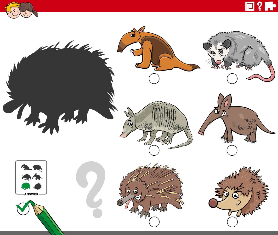 compito di ombre con personaggi di animali selvatici dei cartoni animati vettore