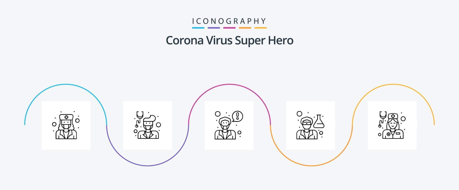 corona virus super eroe linea 5 icona imballare Compreso stetoscopio. medico. medico. femmina. laboratorio vettore