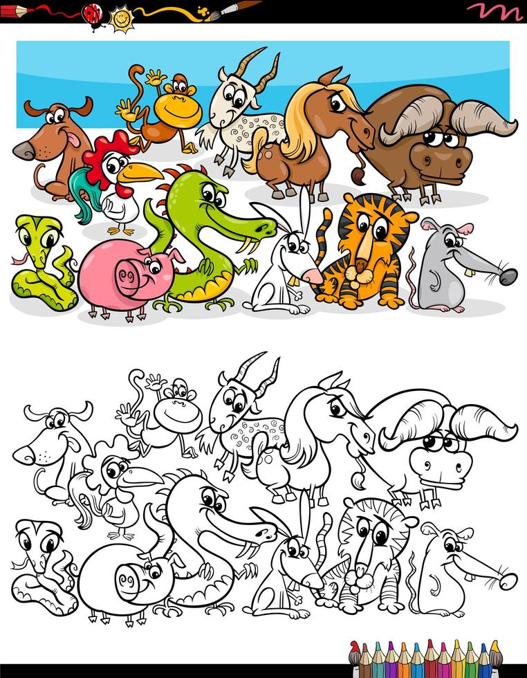 Pagina del libro da colorare di gruppo di animali divertenti del fumetto vettore