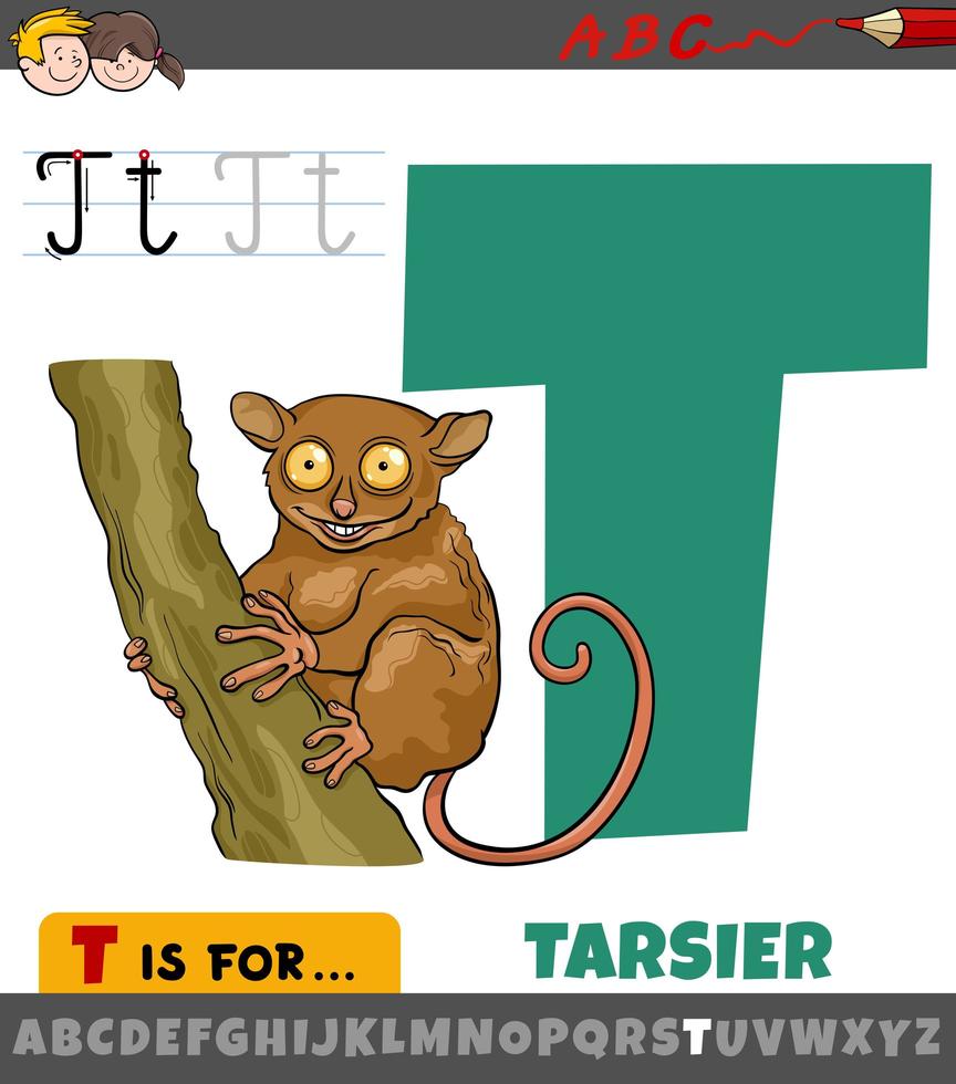 foglio di lavoro lettera t con tarsier dei cartoni animati vettore