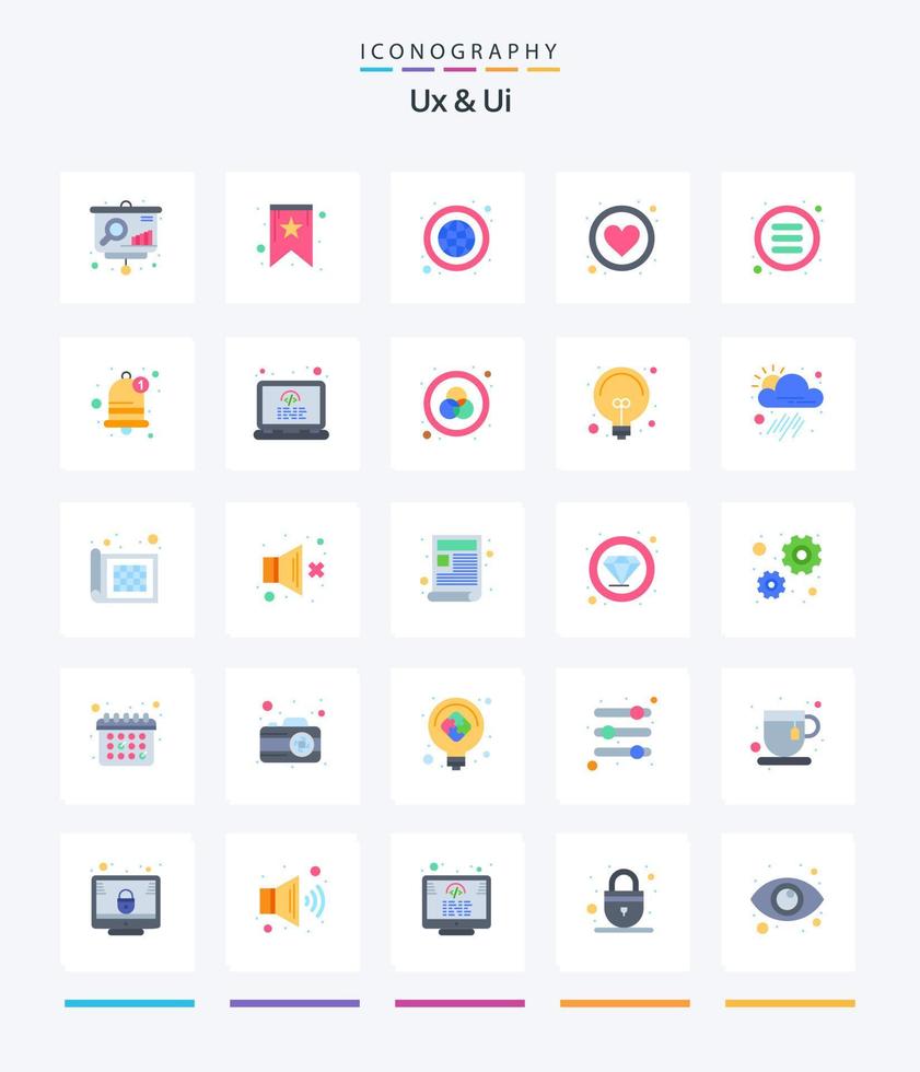 creativo UX e ui 25 piatto icona imballare come come menù. elenco. globale. piace. App vettore