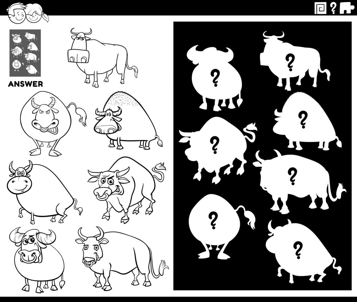 gioco di forme di corrispondenza con i tori da colorare pagina del libro vettore