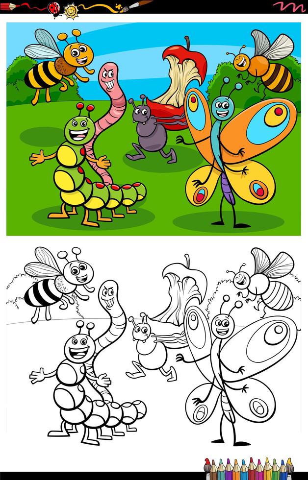 cartone animato divertente gruppo di insetti da colorare pagina del libro vettore