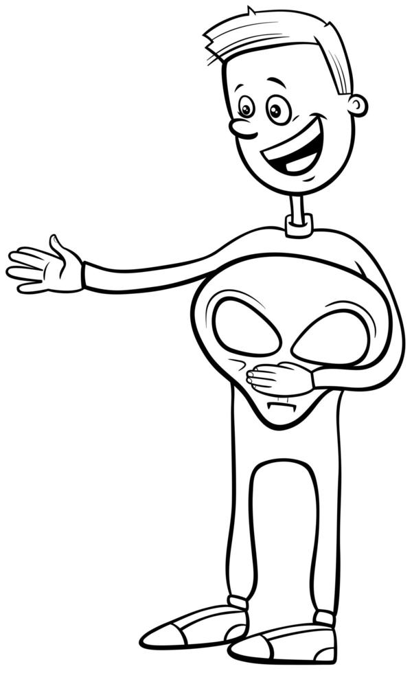 Ragazzo in costume alieno alla festa di Halloween da colorare pagina del libro vettore