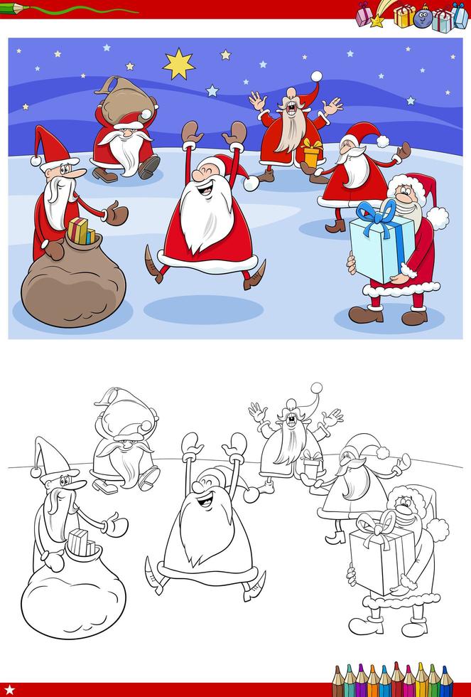 Gruppo di Babbo Natale nel periodo natalizio pagina del libro da colorare vettore