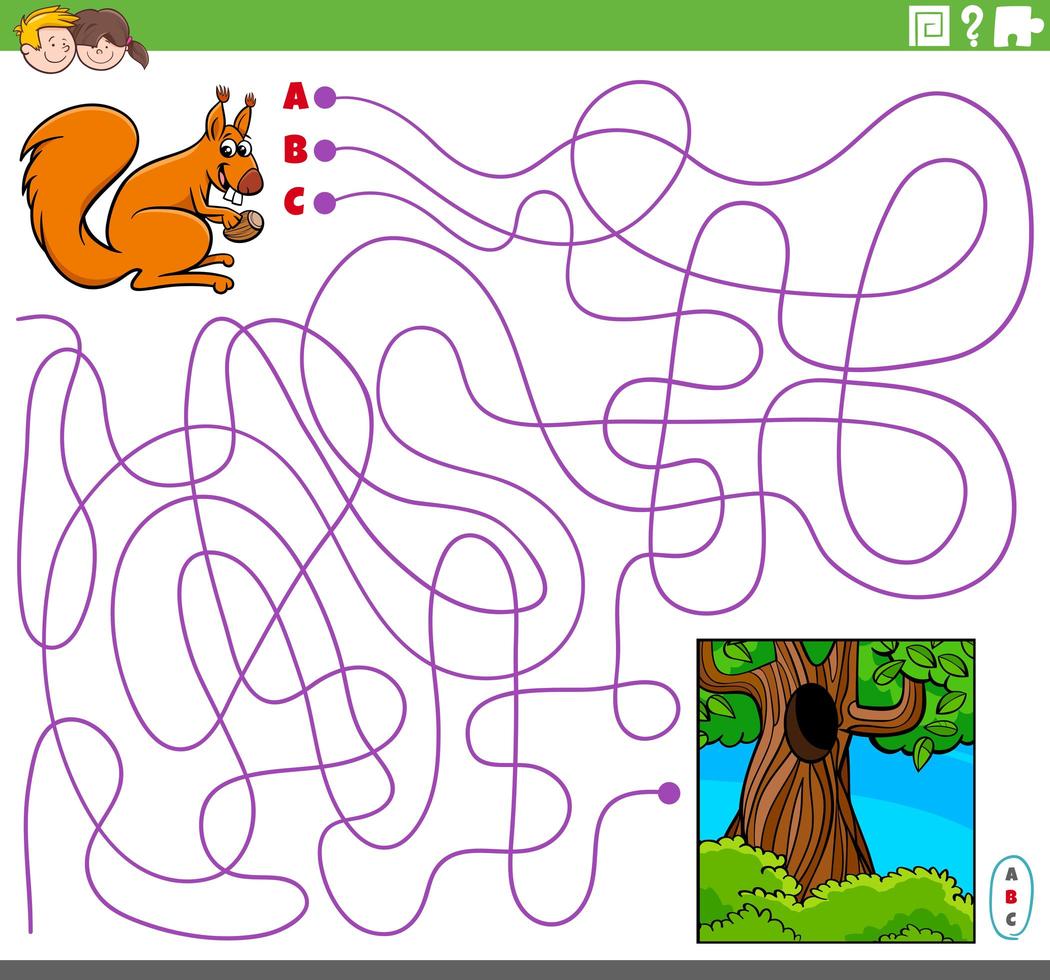 gioco di labirinto educativo con scoiattolo cartone animato e cavo vettore