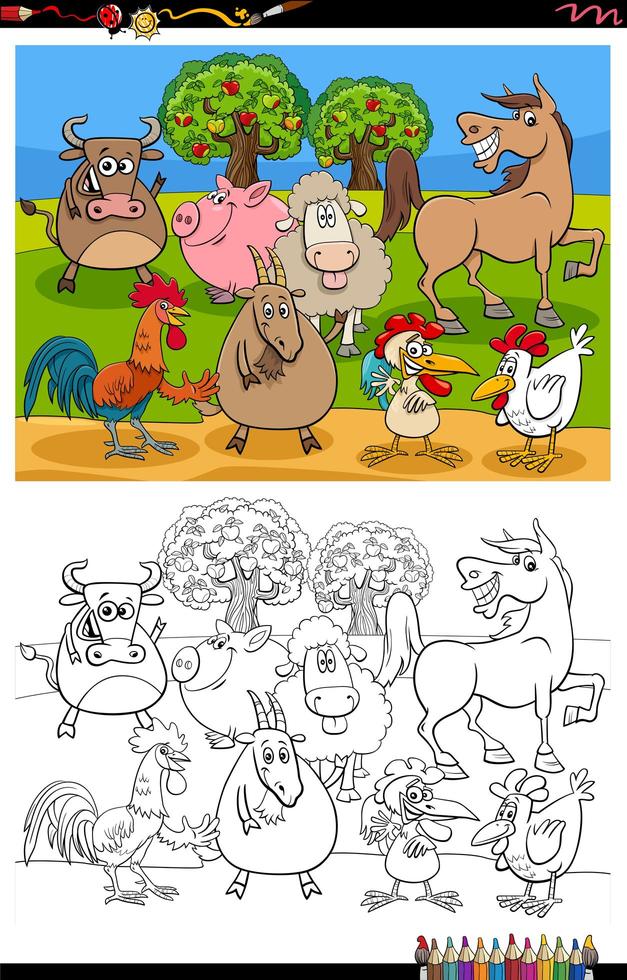 cartone animato fattoria animali gruppo libro da colorare pagina vettore