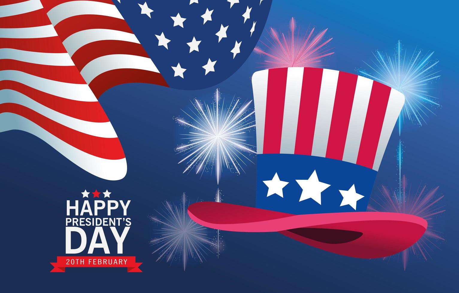 felice poster del giorno dei presidenti con cappello a cilindro e bandiera degli Stati Uniti vettore