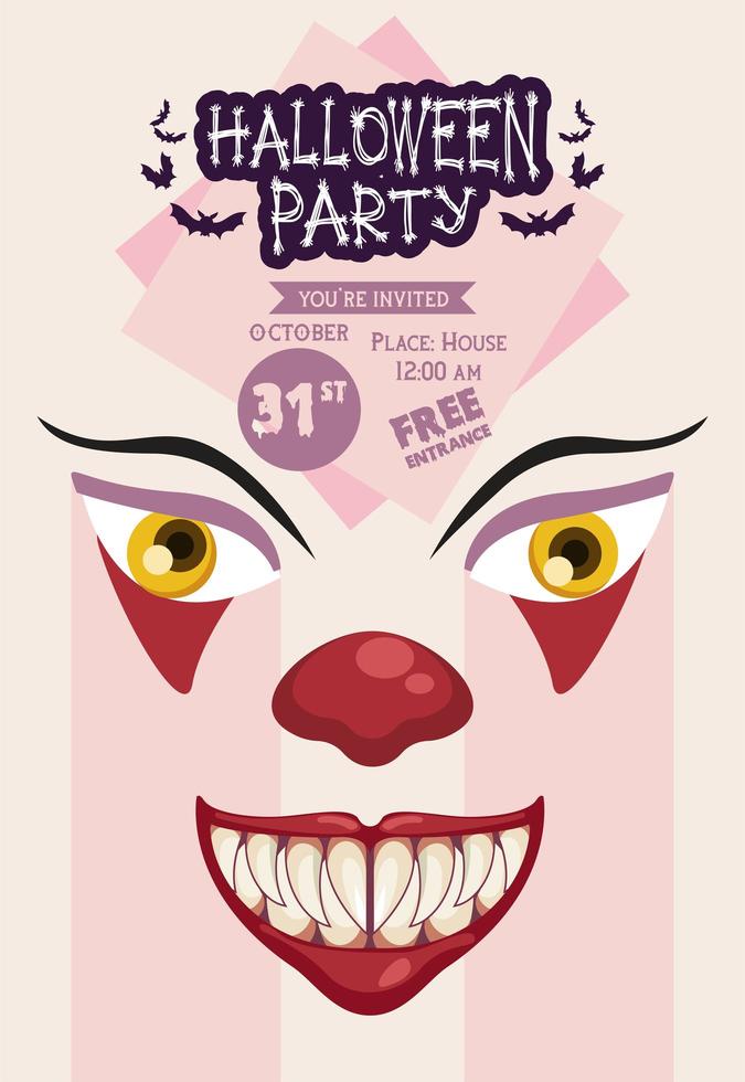 poster di celebrazione festa horror di Halloween con faccia da clown scuro vettore