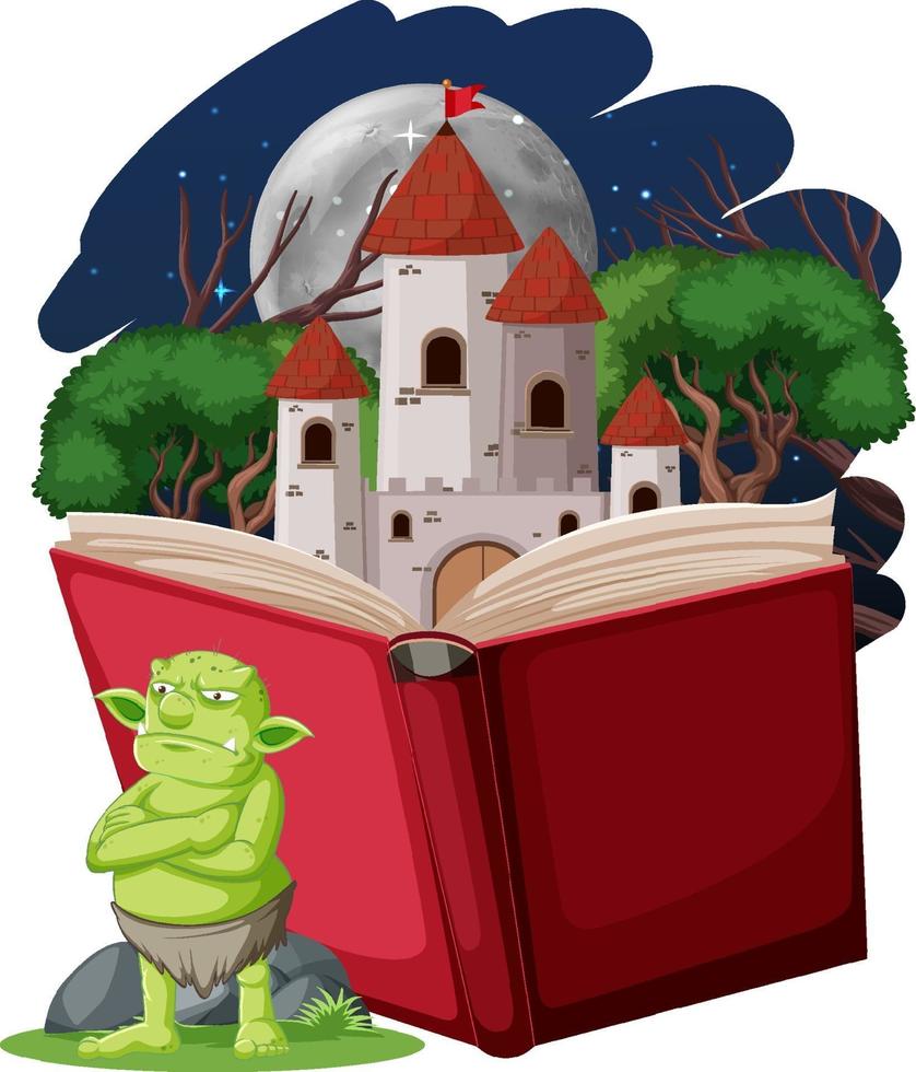 personaggio dei cartoni animati di goblin o troll con un libro di storie vettore