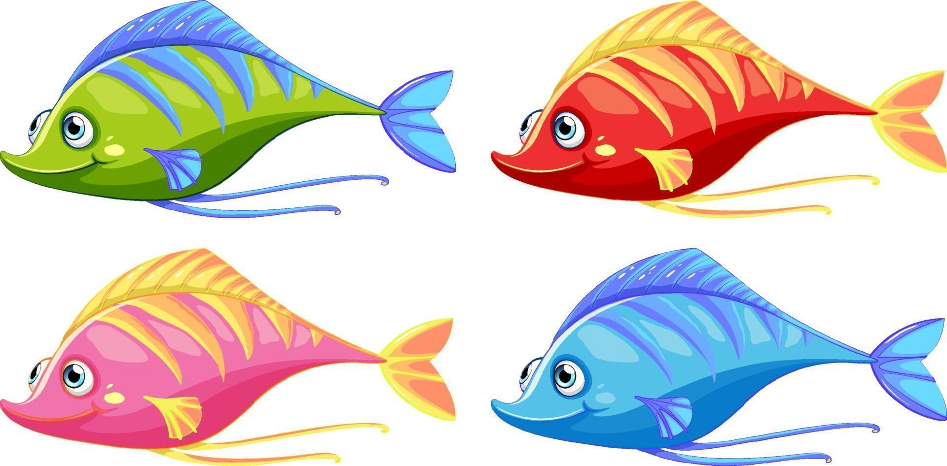 set di molti personaggi dei cartoni animati divertenti pesci isolato su priorità bassa bianca vettore