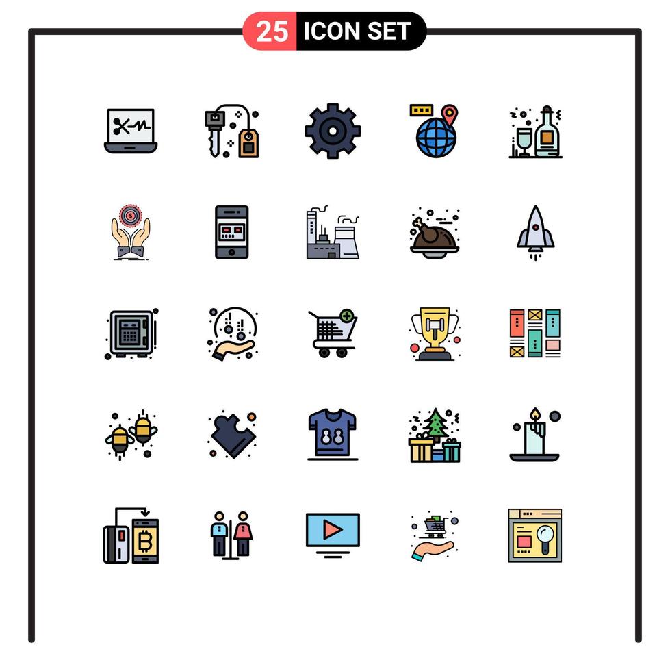 25 pieno linea piatto colore concetto per siti web mobile e applicazioni vino alcool bottiglie Ingranaggio alcool navigazione modificabile vettore design elementi