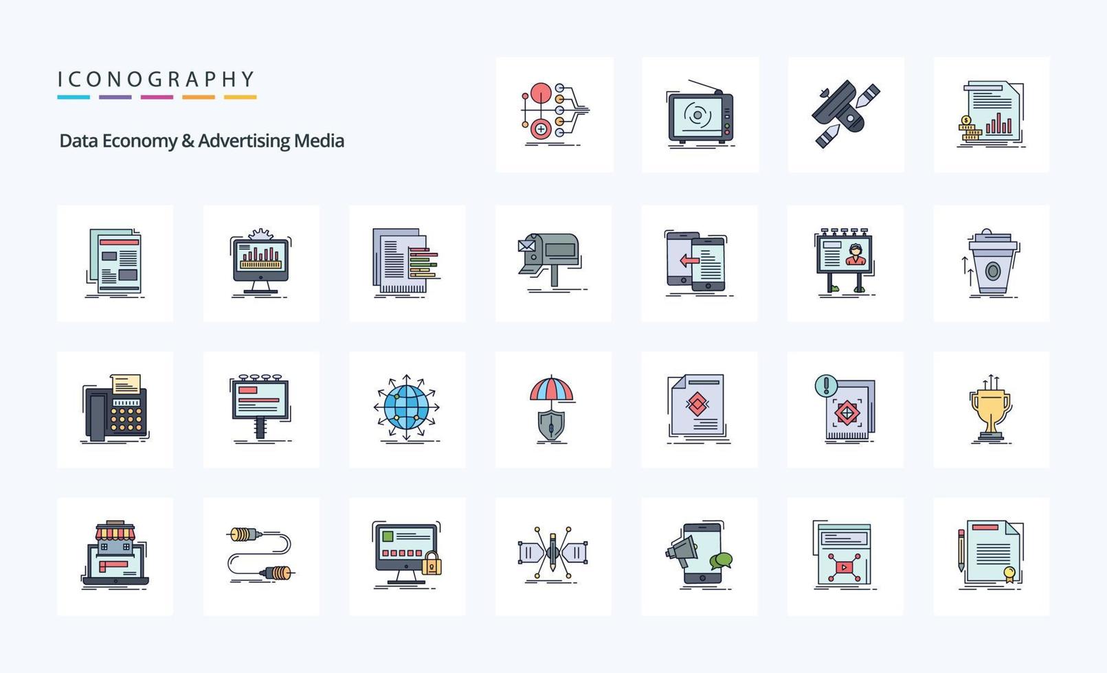 25 dati economia e pubblicità media linea pieno stile icona imballare vettore
