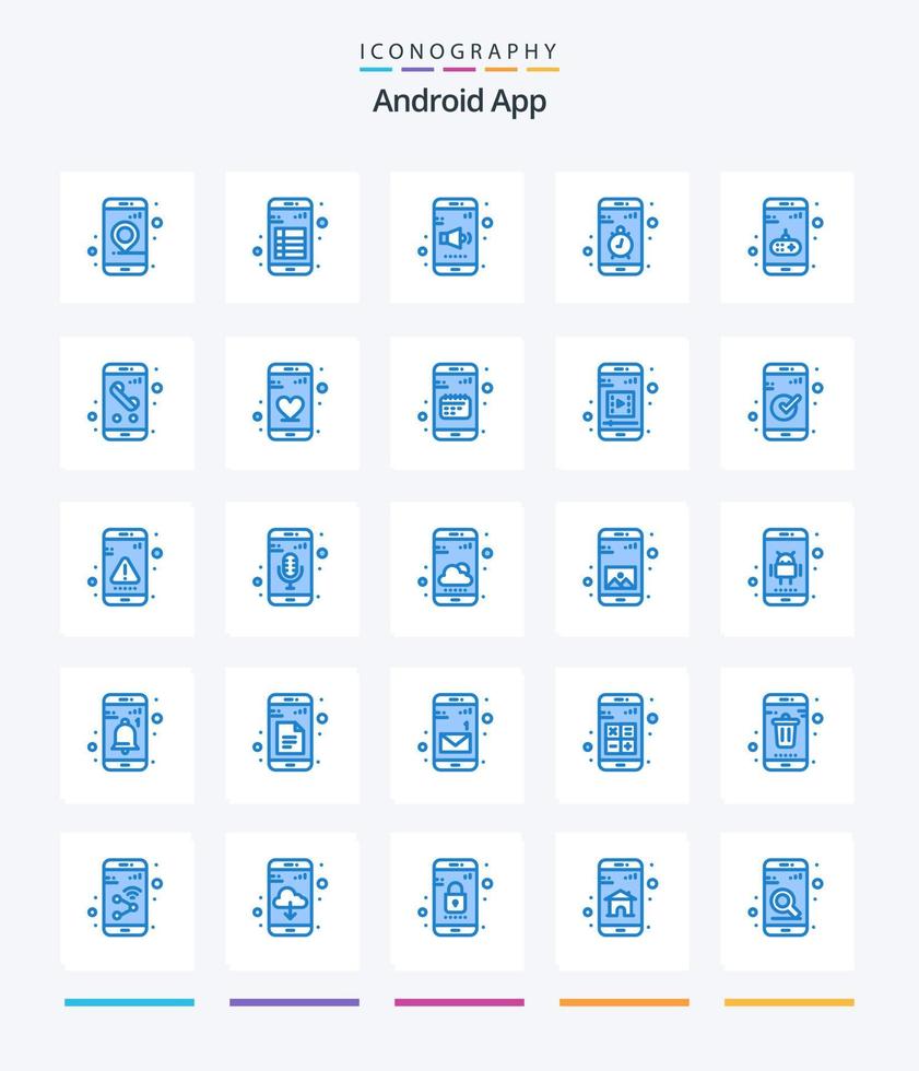 creativo androide App 25 blu icona imballare come come fermare. mobile. lettura. contatto. volume vettore