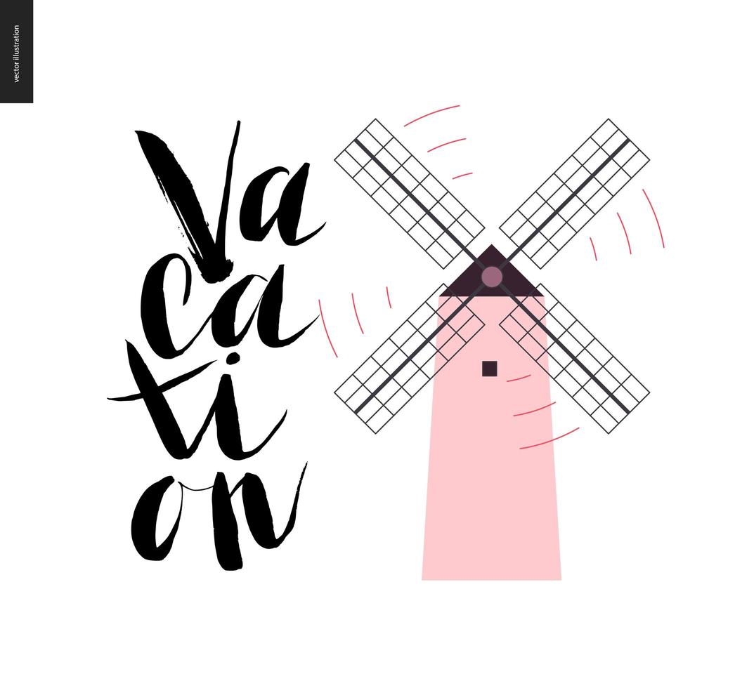 lettering vacanza con mulino a vento rosa vettore