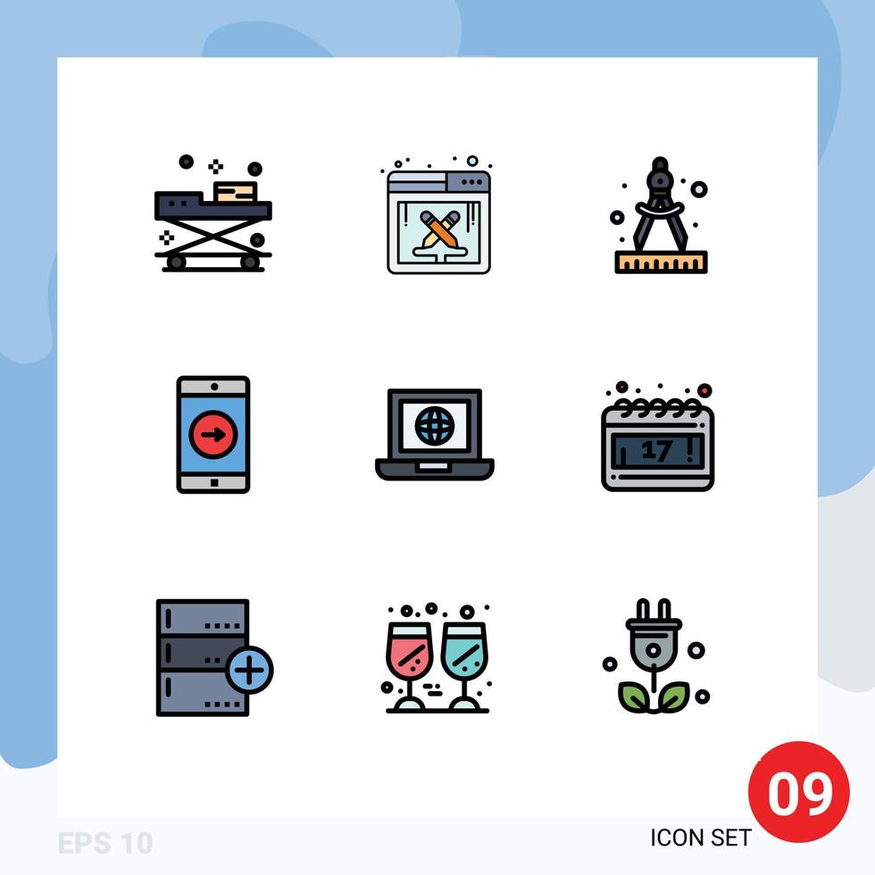 pittogramma impostato di 9 semplice riga piena piatto colori di mondo mobile applicazione opera mobile applicazione modificabile vettore design elementi