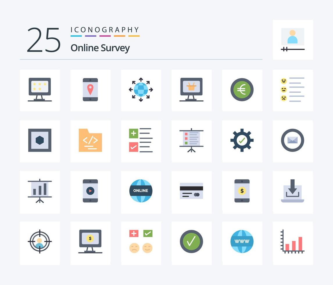 in linea sondaggio 25 piatto colore icona imballare Compreso formato. Euro. globale. moneta. attività commerciale vettore