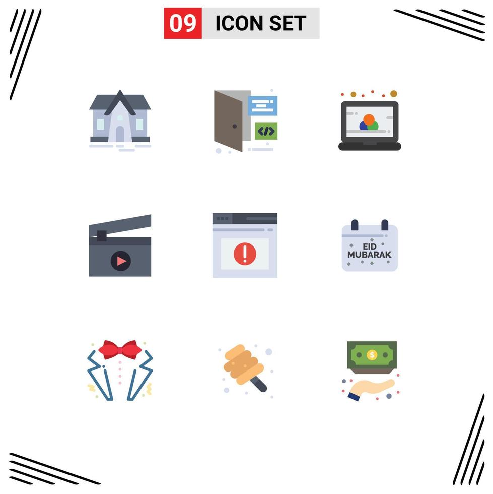 mobile interfaccia piatto colore impostato di 9 pittogrammi di sito web mettere in guardia computer pagina film modificabile vettore design elementi