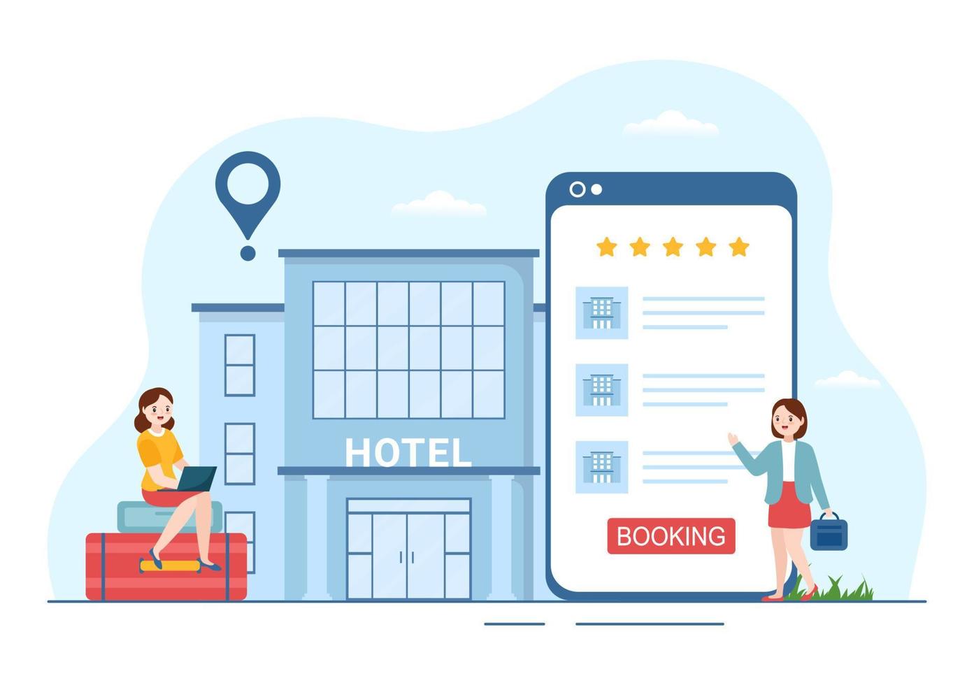 Hotel revisione con valutazione servizio, utente soddisfazione per nominale cliente, Prodotto o Esperienza nel piatto cartone animato mano disegnato modelli illustrazione vettore