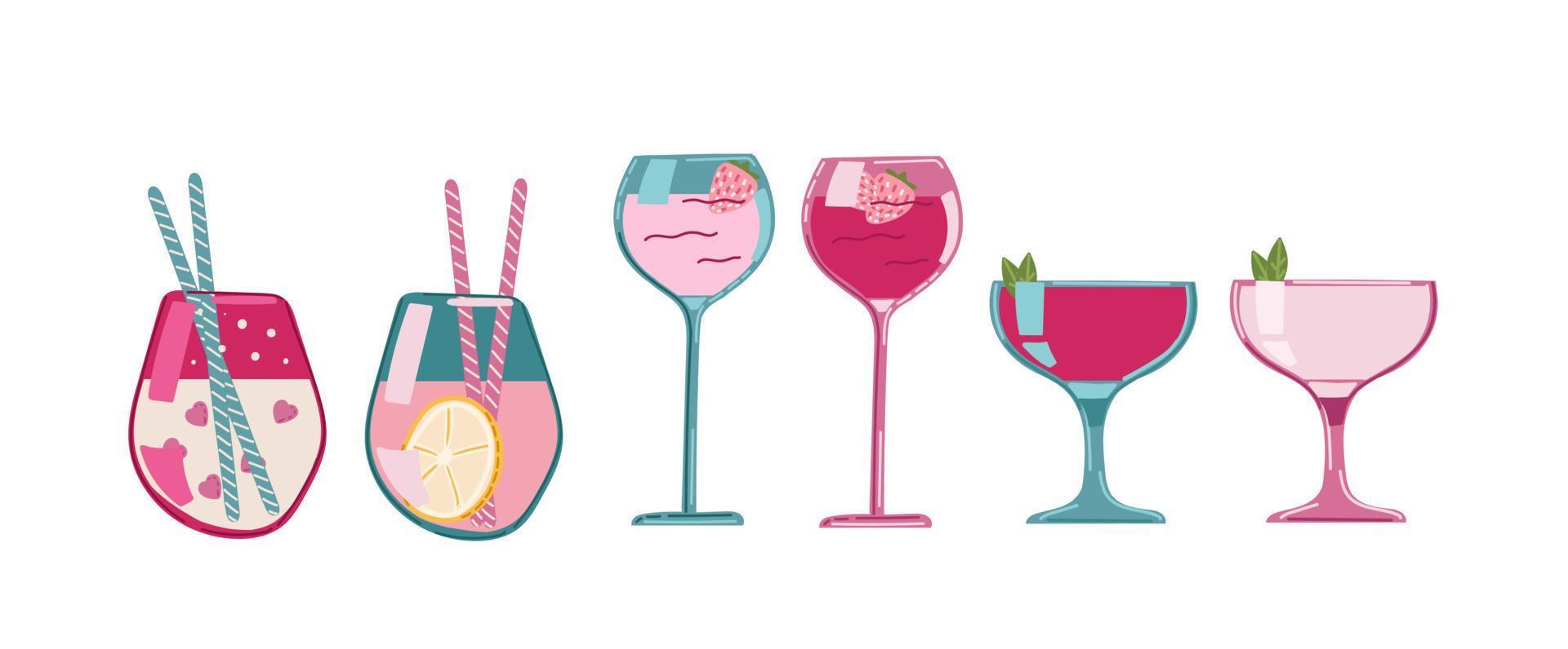 illustrazioni di cocktail in stile disegnato a mano. set di clipart estive colorate. disegno di vacanza vettoriale isolato con elementi decorativi. bevande gustose e succose.