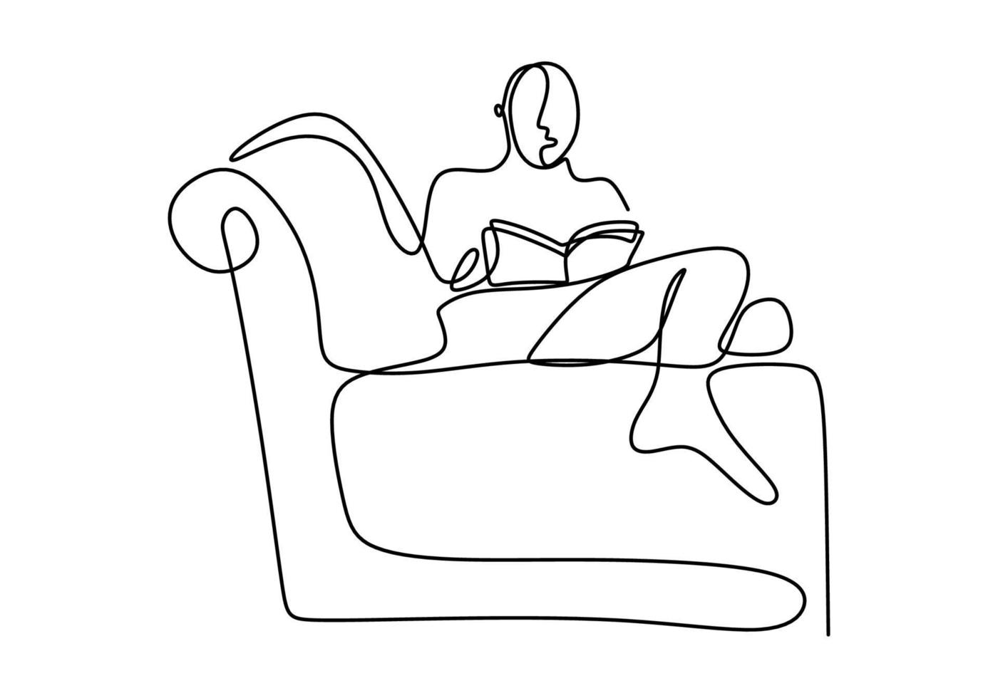 un disegno a tratteggio continuo di un giovane adolescente felice riposarsi sdraiandosi sul divano divano durante la lettura del libro. godendo il concetto di tempo linea singola disegnare segno design vettore