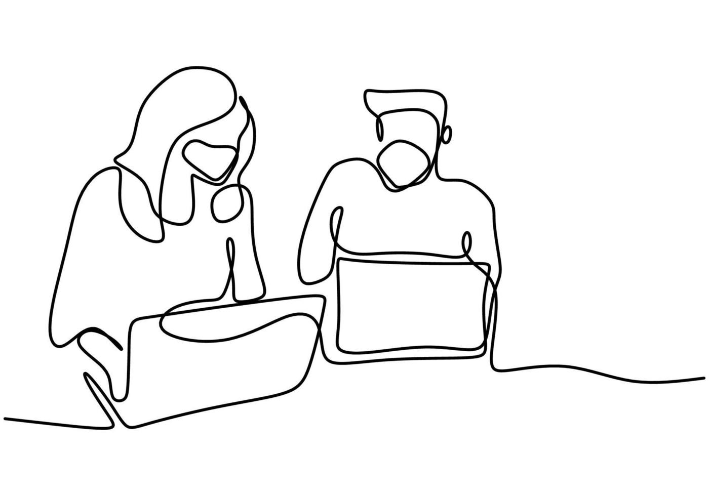 continuo un disegno a tratteggio di due impiegati al lavoro utilizzando laptop. vettore
