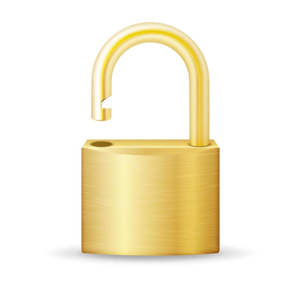 sbloccato serratura sicurezza giallo icona isolato su bianca. oro realistico protezione vita privata cartello vettore