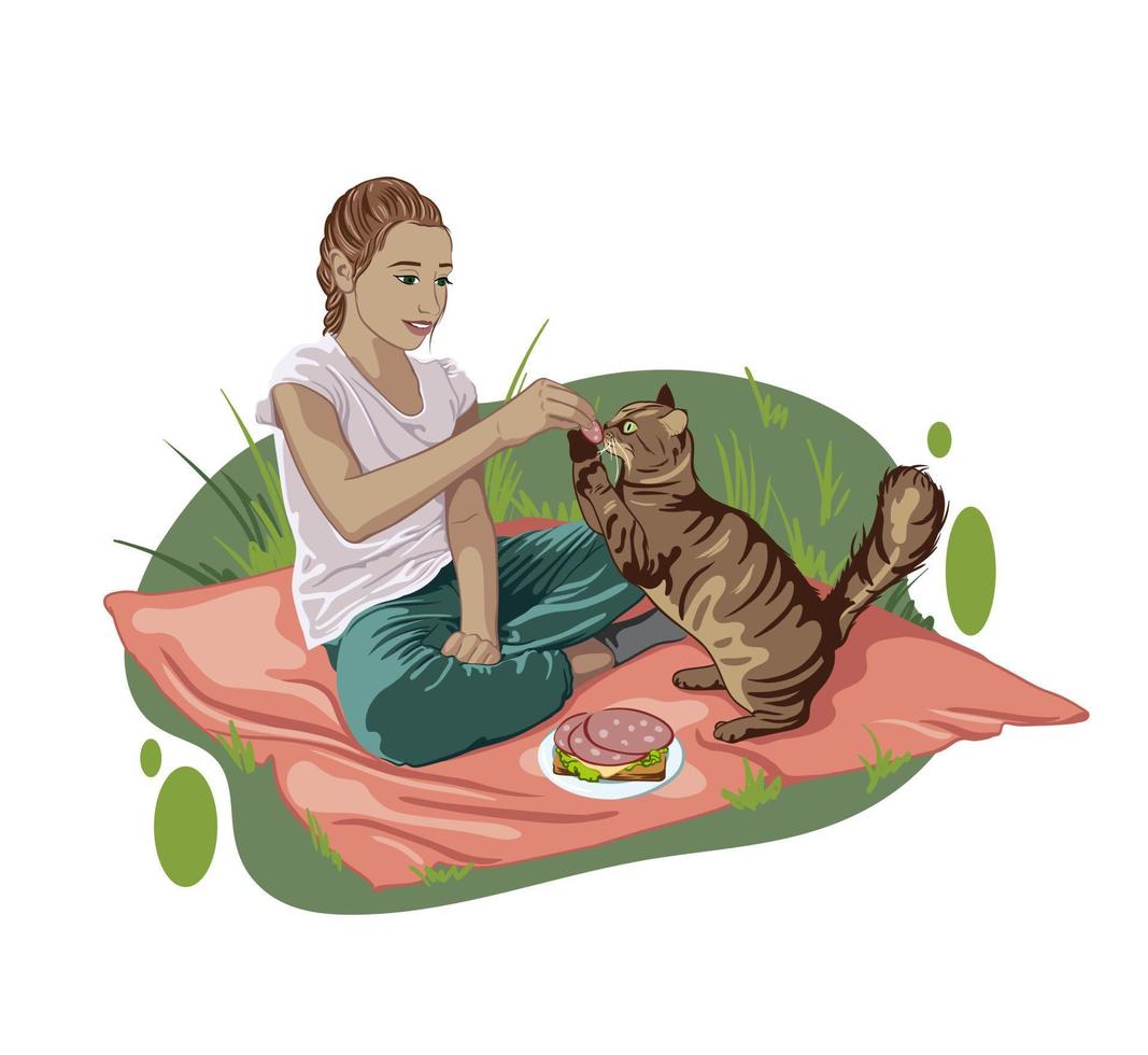 ragazza su un' picnic feed un' gatto con un' pezzo di salsiccia. animali domestici giorno vettore