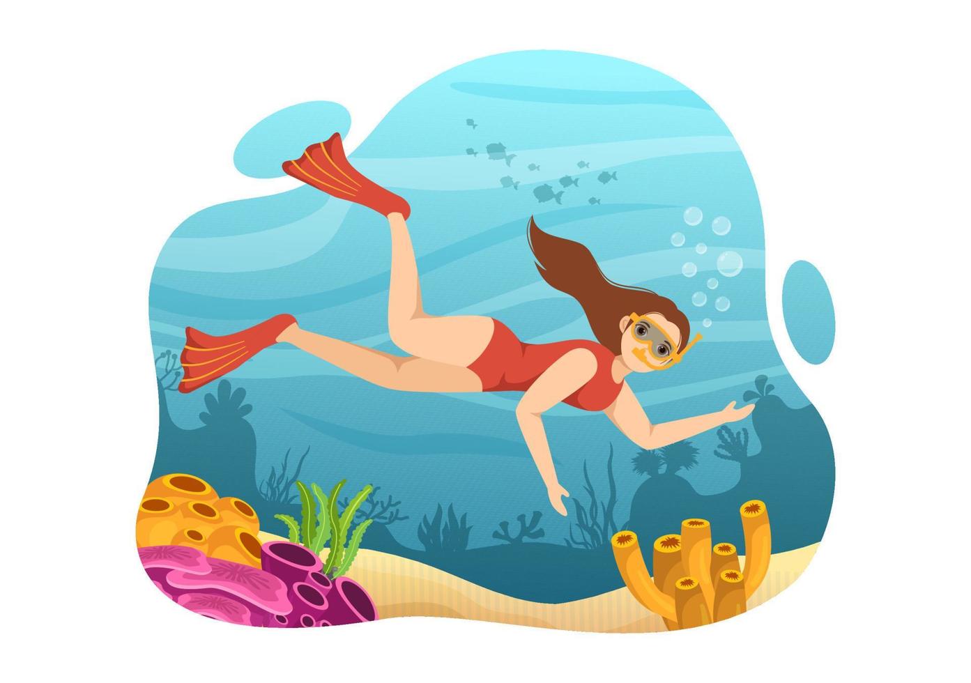 lo snorkeling illustrazione con subacqueo nuoto esplorando mare, corallo scogliera o pesce nel il oceano per atterraggio pagina nel cartone animato mano disegnato modelli vettore