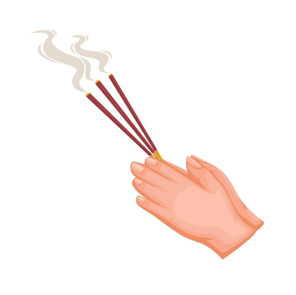 mano Tenere incenso bastone buddista preghiere religione simbolo cartone animato illustrazione vettore