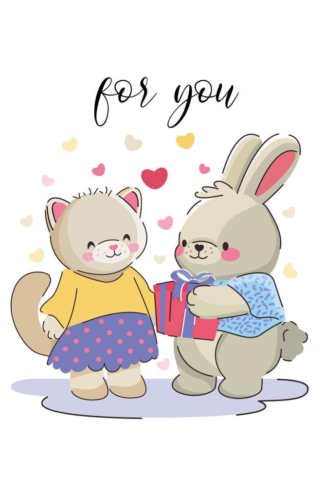 carino coppia di cartone animato gatto e coniglio dà un' regalo su un' carta per un' San Valentino giorno saluto o appena un' compleanno. verticale modello per stampa vettore