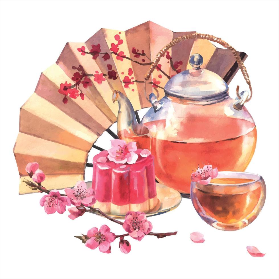 acquerello asiatico tè composizione con trasportante teiera, tazza di Tè, Giappone wagashi, sakura ramo e Giappone fan su bianca sfondo. cibo menù design. vettore
