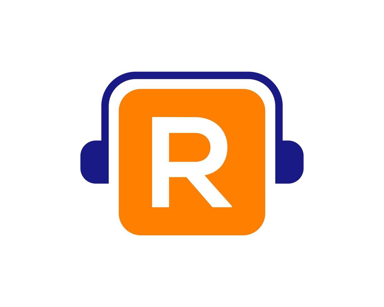 lettera r musica logo design. dj musica e Podcast logo design cuffie concetto vettore