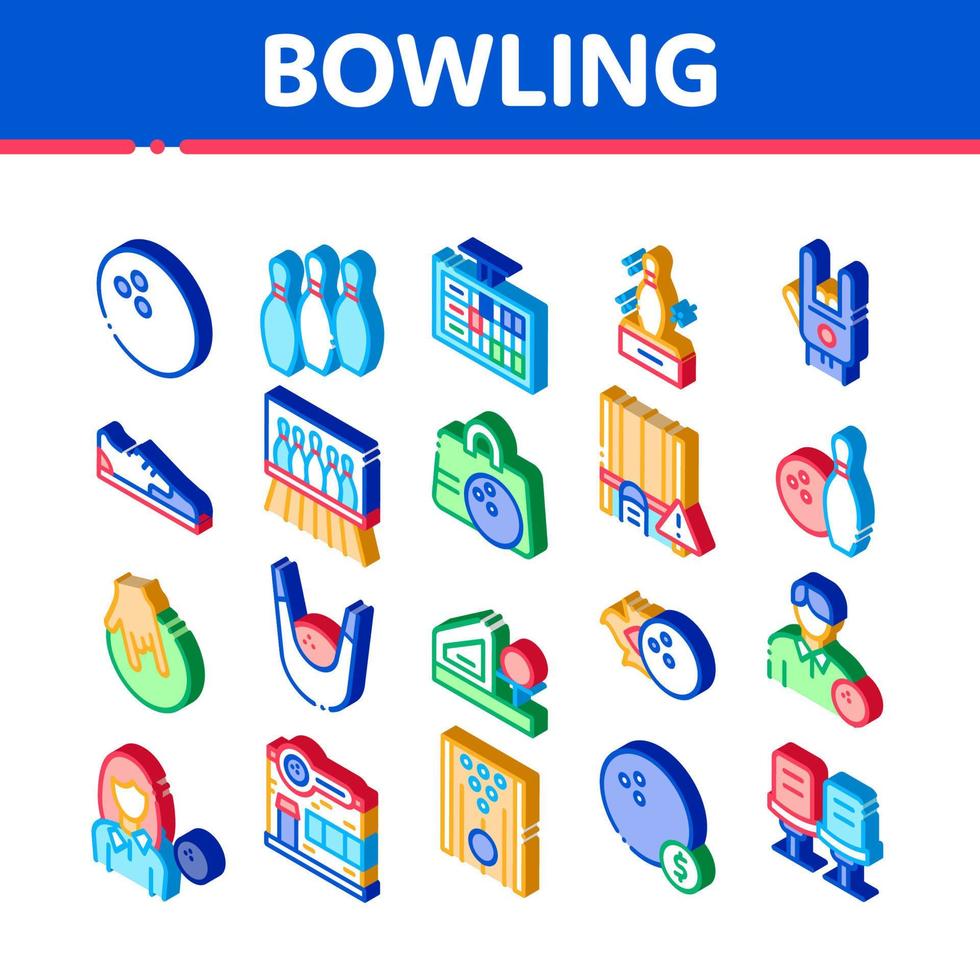 bowling gioco utensili isometrico icone impostato vettore