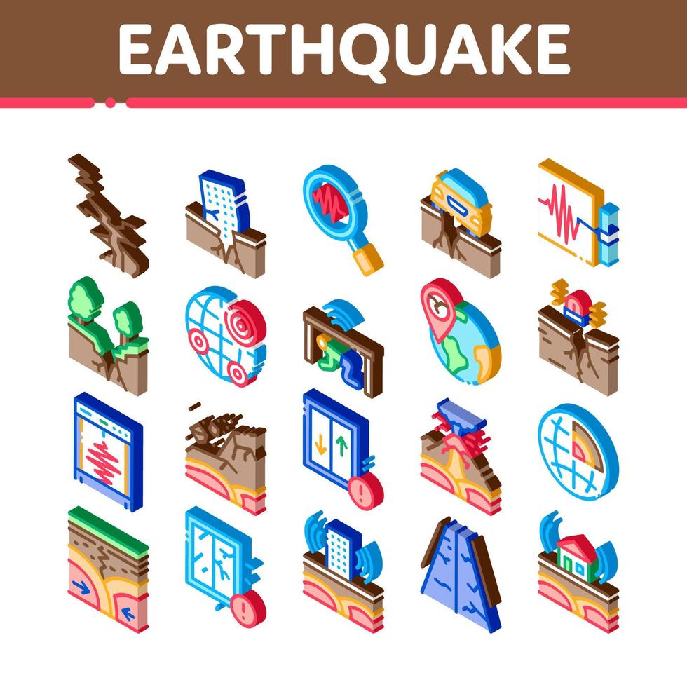 terremoto disastro isometrico icone impostato vettore