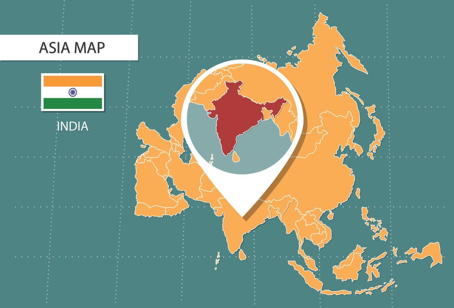 India carta geografica nel Asia Ingrandisci versione, icone mostrando India Posizione e bandiere. vettore