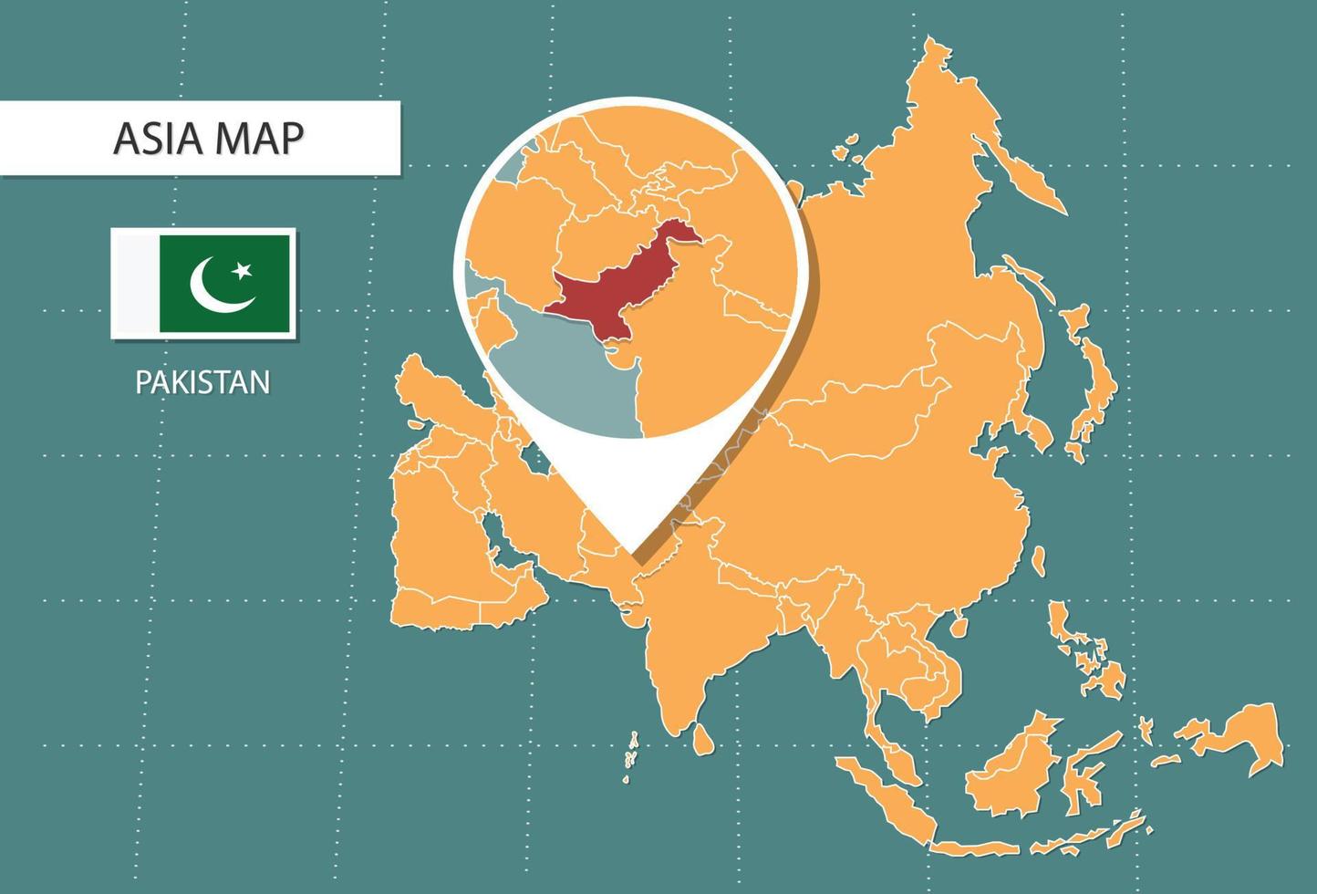 Pakistan carta geografica nel Asia Ingrandisci versione, icone mostrando Pakistan Posizione e bandiere. vettore